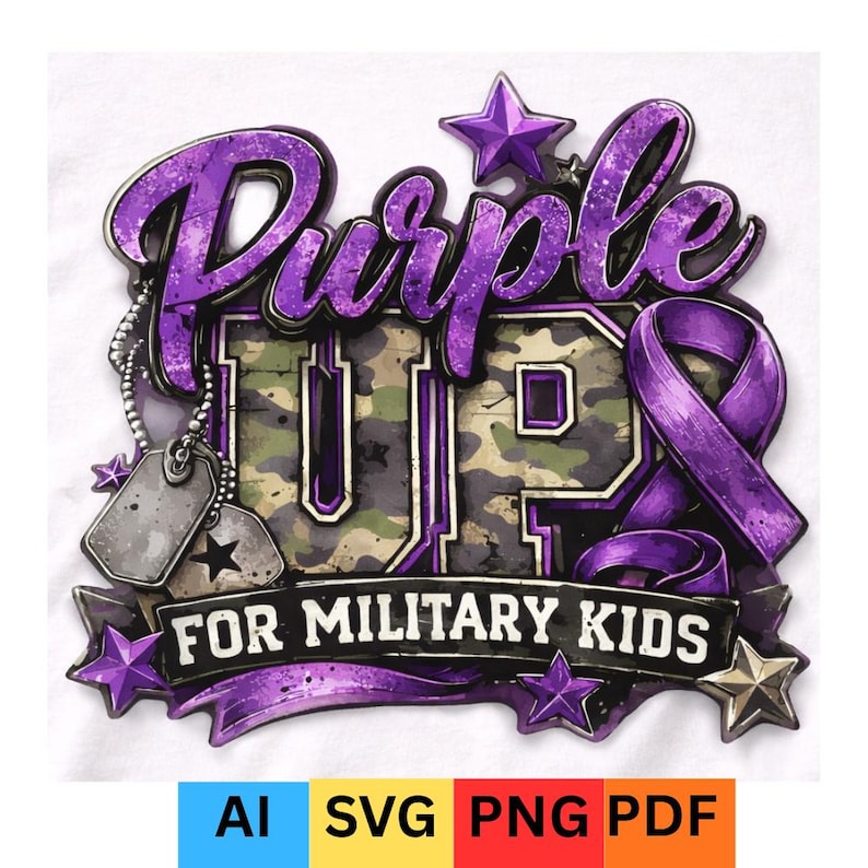 May include: A graphic design featuring the words "Purple Up" in purple script and camouflage lettering, with the phrase "For Military Kids" below. The design includes stars, a purple ribbon, and dog tags.