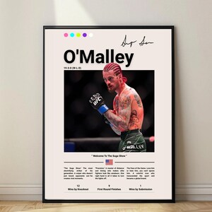 May include: A framed poster featuring mixed martial artist O'Malley. The poster includes the fighter's name, record, and a photo of him in the ring. Text at the bottom highlights his wins by knockout, first-round finishes, and wins by submission.