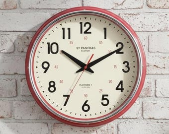 Large Red Metal Farmhouse Clock, Silent Non-Ticking Vintage Style Wall Decor