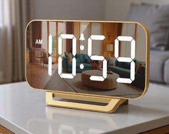 Slim Digital Mirror Alarm Clock, Gold Finish, 6 Dimmers (Electric)
