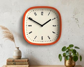 Retro Orange Square Wall Clock, Mid Century Modern Acrylic Analog Timepiece
