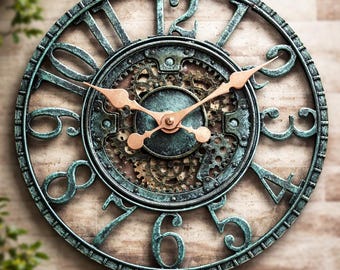 Steampunk Gear Wall Clock - 12" Vintage Pewter Finish, Poly-Resin, Rustic Indoor/Outdoor Home Decor