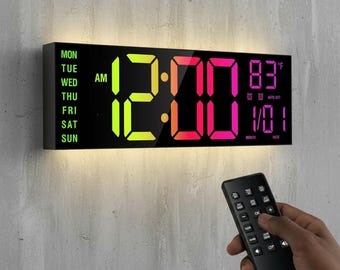 Large LED Digital Wall Clock, RGB Display, Remote Control, Temperature, Dual Alarm