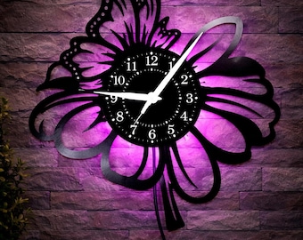 Flowers Butterfly Wall Clock – 12 Inch Luminous Night Light, Silent Quartz Vinyl Record Design