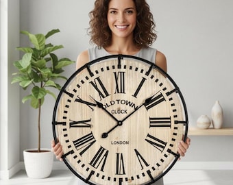 24 Inch Farmhouse Wood Clock, Rustic Vintage Silent Non-Ticking Wall Clock