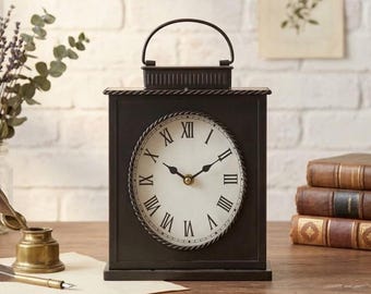 Rustic Metal Mantel Clock, Large Table Clock with Handle, Silent Quartz Home Décor