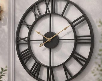 Large Industrial Metal Wall Clock – Silent Roman Numeral Retro Decor