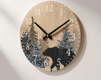 Wooden Bear Forest Wall Clock – Silent Non-Ticking Rustic Wildlife Timepiece