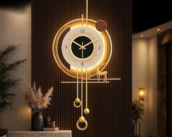 Large Gold Metal Wall Clock, Modern LED Silent Decor (Battery Operated)