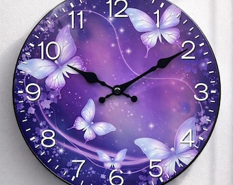 Purple Butterfly Galaxy Wall Clock: Silent, Non-Ticking, 12-Inch Glass Decor