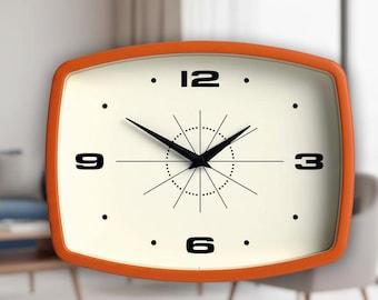 Retro Movie Wall Clock | 10-Inch Orange Mid-Century Design, Kitchen, Living Room, Office Decor
