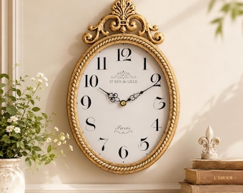 French Vintage Wall Clock, Antique Gold Oval Wall Clock, Silent Battery Wall Clock, Boho Farmhouse Decor for Kitchen Bedroom