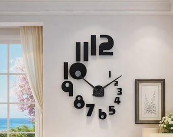 Large DIY 3D Frameless Mirror Wall Clock – Modern Living Room Office Decor