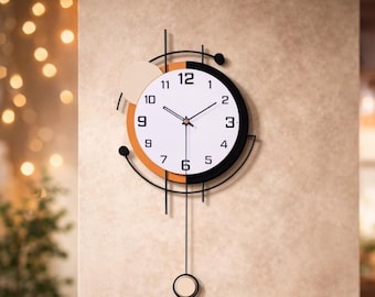Large Modern Wall Clock, Art Deco Minimalist Black Decor, Silent Pendulum