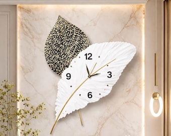 Large Feather Leaf Wall Clock, White Silent Modern Art Decor