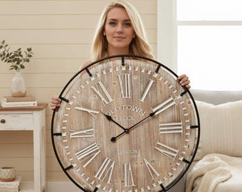 30 Inch Large Farmhouse Wood Metal Wall Clock, Oversized Rustic Silent Timepiece