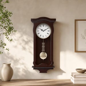 Wooden Grandfather Pendulum Wall Clock: Silent, Battery Operated, Rustic Farmhouse Decor