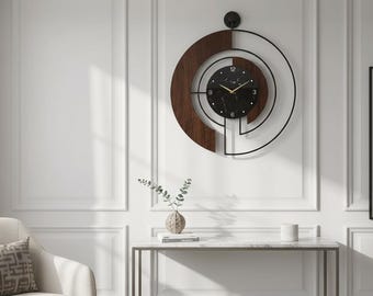Large Modern Walnut Wood Clock, Minimalist Metal Frame, Silent Non-Ticking Home Decor