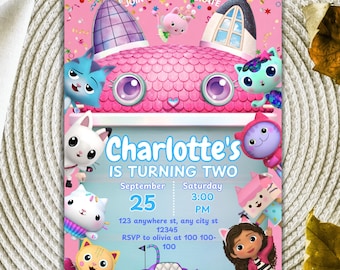 Invitation d'anniversaire maison de poupée imprimable Gabby Modèle de fête d'anniversaire pour enfants modifiable Gabby's Kids Invitation d'anniversaire fille en téléchargement numérique modifiable