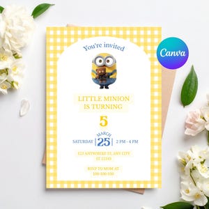 Editable Little Minion Birthday Invitation Template: Yellow Gingham Designs, Canva Template (Digital Download)