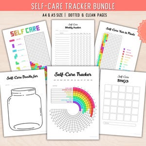 May include: A self-care tracker bundle featuring 12 pages in A4 and A5 sizes. The printable sheets include a weekly tracker, a year in pixels chart, a doodle jar, a circular rainbow tracker, and a bingo card, all with black text and colorful accents.