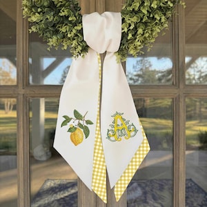 Monogram Lemon Wreath Sash, Personalized Summer Front Door Bow, Embroidered Porch Door Decor, Custom Linen Wreath Sash HP-PP02B-Lemon Sash