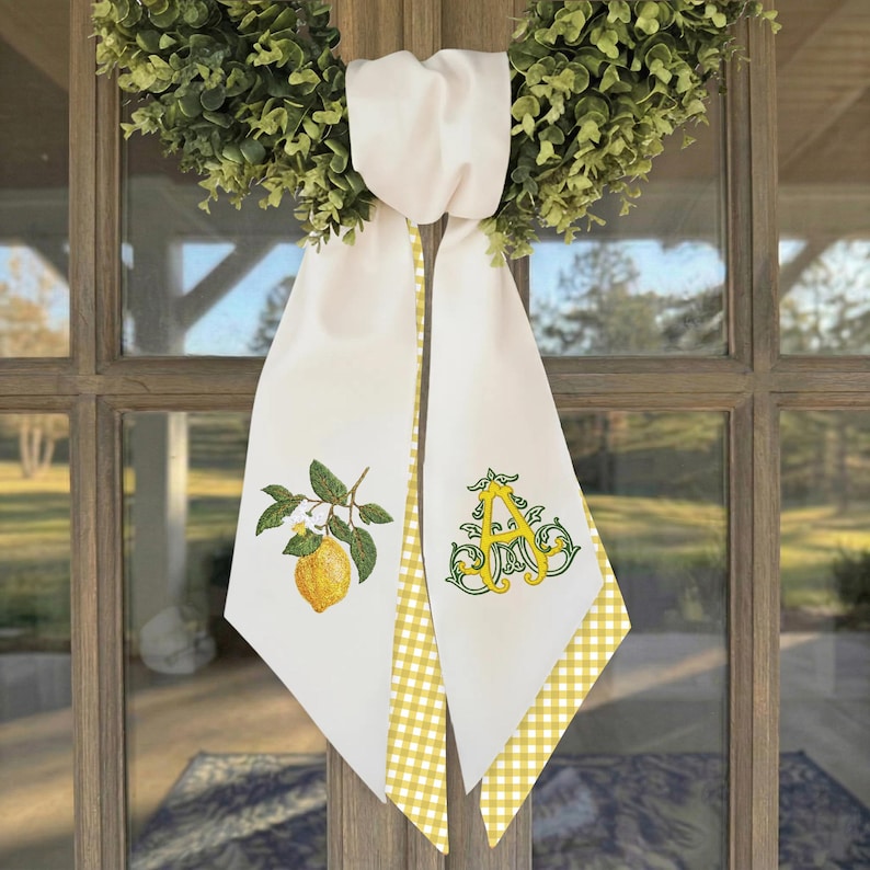 Monogram Lemon Wreath Sash, Personalized Summer Front Door Bow, Embroidered Porch Door Decor, Custom Linen Wreath Sash HP-PP02B-Lemon Sash