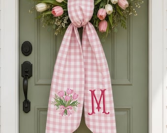Monogram Tulip Wreath Sash, Embroidered Summer Door Bow Tie, Porch Decor, Hostess Housewarming Gift