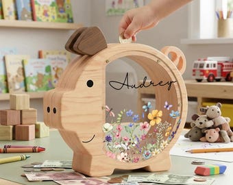 Salvadanaio in legno personalizzato, 25 cm, con fiori selvatici, ideale per bambine e come decorazione per la cameretta.