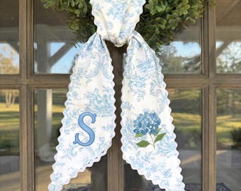Custom Hydrangea Wreath Sash, Embroidered Front Door Bow, Spring Summer Decor