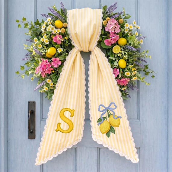 Personalized Lemon Wreath Sash, Summer Monogram Door Decor