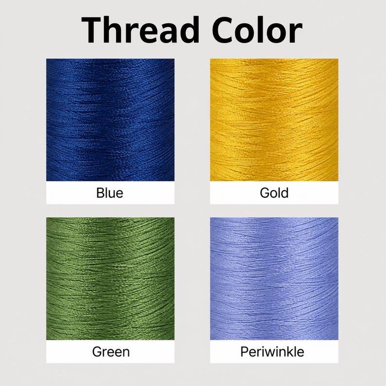 May include: A color chart titled Thread Color displaying four square swatches of embroidery thread. The top row features deep blue and metallic gold threads. The bottom row shows olive green and light periwinkle threads, each labeled below.