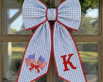 Embroidered 4th of July Wreath Sash, Gingham American Flag Monogram Bow