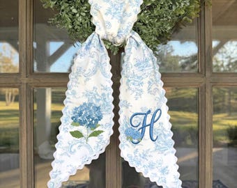 Embroidered Hydrangea Wreath Sash, Blue Toile with Scalloped Edge Summer Wreath Bow, Personalized Front Door Decor