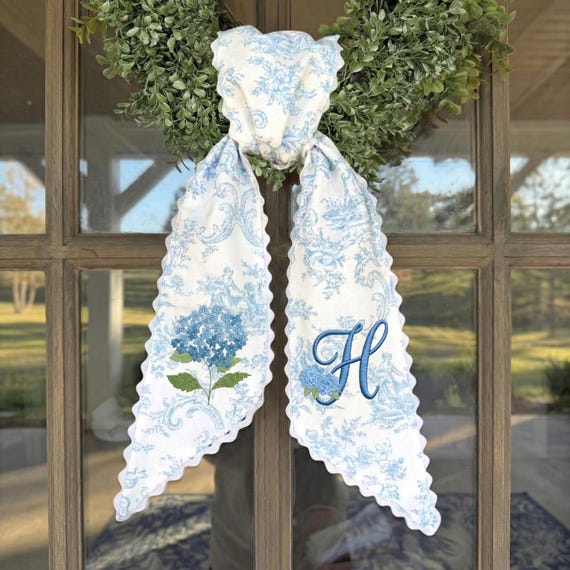 Embroidered Hydrangea Wreath Sash, Blue Toile with Scalloped Edge Summer Wreath Bow, Personalized Front Door Decor