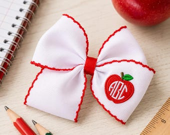 Personalized Apple Monogram Hair Bow, Back to School Embroidered Streamer Bow for Girls