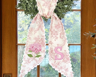 Embroidered Hydrangea Wreath Sash, Personalized Summer Door Bow, Monogram Front Door Decor