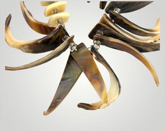 Vintage Horn Statement Necklace 18.5 Neutral Boho Sculptural Bib Spike Fringe