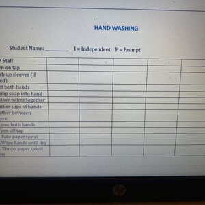 Pu&ograve; includere: Un foglio di carta bianco intitolato "LAVAGGIO DELLE MANI" con un elenco di controllo delle fasi del lavaggio delle mani. L'elenco di controllo include passaggi come aprire il rubinetto, bagnare le mani e asciugarle con un tovagliolo di carta. Ci sono colonne per "I = Indipendente" e "P = Prompt".