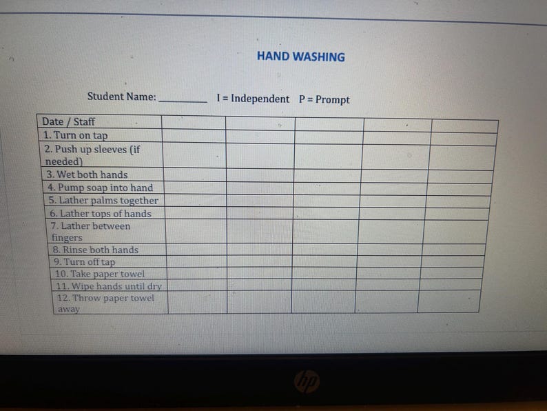 Pu&ograve; includere: Un foglio di carta bianco intitolato "LAVAGGIO DELLE MANI" con un elenco di controllo delle fasi del lavaggio delle mani. L'elenco di controllo include passaggi come aprire il rubinetto, bagnare le mani e asciugarle con un tovagliolo di carta. Ci sono colonne per "I = Indipendente" e "P = Prompt".
