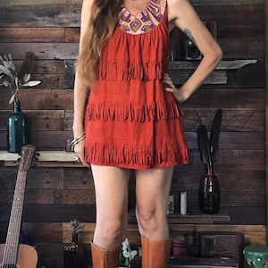 Cute 1980’s Brown Faux Suede Fringe Mini Dress with Embroidered Neckline
