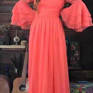 Stunning 1960’s Watermelon Pink Chiffon Gown with Incredible Sheer Tiered Flounced Angel Sleeves and Beautiful Flowing Flounced Skirt
