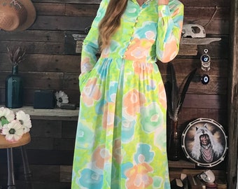 1960’s/70’s Handmade Vibrant Lime Green, Orange and Turquoise Maxi with Chinese Collar, flattering gathered waist and hip pockets.