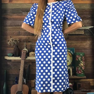 1980&#39;s Blue and White Polka Dot Dress