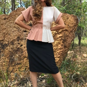 1980&#39;s &#39;Leslie Fay&#39; Peplum Two tone Tan and Black Secretary Dress