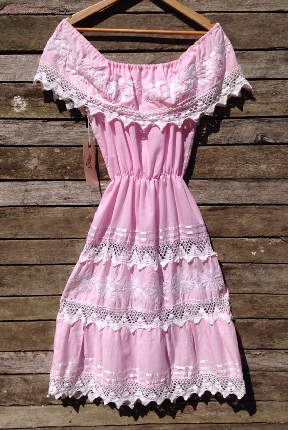 1960's Mexican Pastel Pink Off Shoulder Dress with