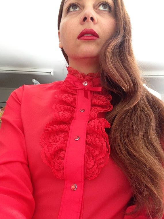 1970's Vibrant Red 'Rhapsody' Blouse with Lace Tri