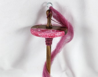 Top Whorl Drop Spindle with Dark Rose Pink Swirl Resin & Renewable Acacia Wood Whorl, Gorgeous, Fun Method to Create Lovely Handspun Yarn!