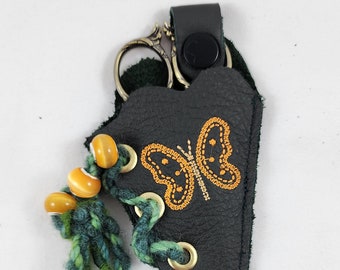 Small Leather Scissor Keeper for Embroidery Size Scissors with Bohemian Butterflies and Beaded Handspun Art Yarn