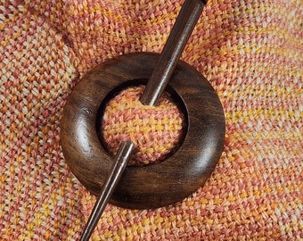 Rosewood or Mango-Wood Shawl Pin with 2.5" Circle Base/ Hair Stick, For You to Embellish or Enjoy for It's Simple Beauty